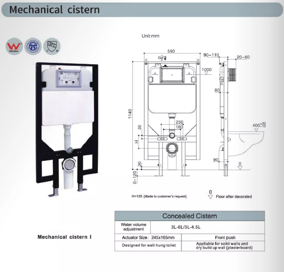 High Quality Concealed Toilet Cistern for Wall Hung Toilet Stainless Steel Container R&T Hidden Water Tank