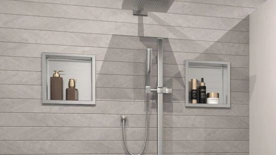 Nicho de ducha empotrado en la pared, estantes metálicos de acero inoxidable, accesorios de baño